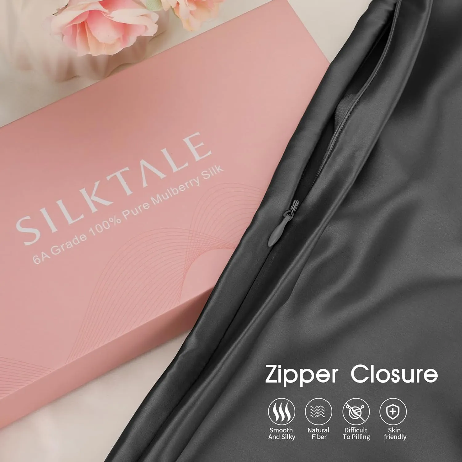 100% Mulberry Silk Zippered Bed Pillowcase for Hair and Skin,Zip Up Real Silk Large Pillow Case,19 Momme Grade 6A,1pc,Charcoal,Super King Size 20x36 Inches