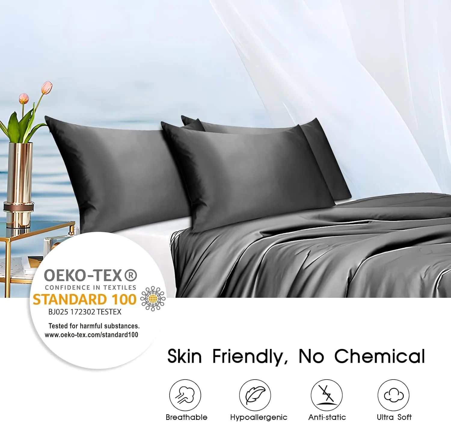 100% Mulberry Silk Zippered Bed Pillowcase for Hair and Skin,Zip Up Real Silk Large Pillow Case,19 Momme Grade 6A,1pc,Charcoal,Super King Size 20x36 Inches