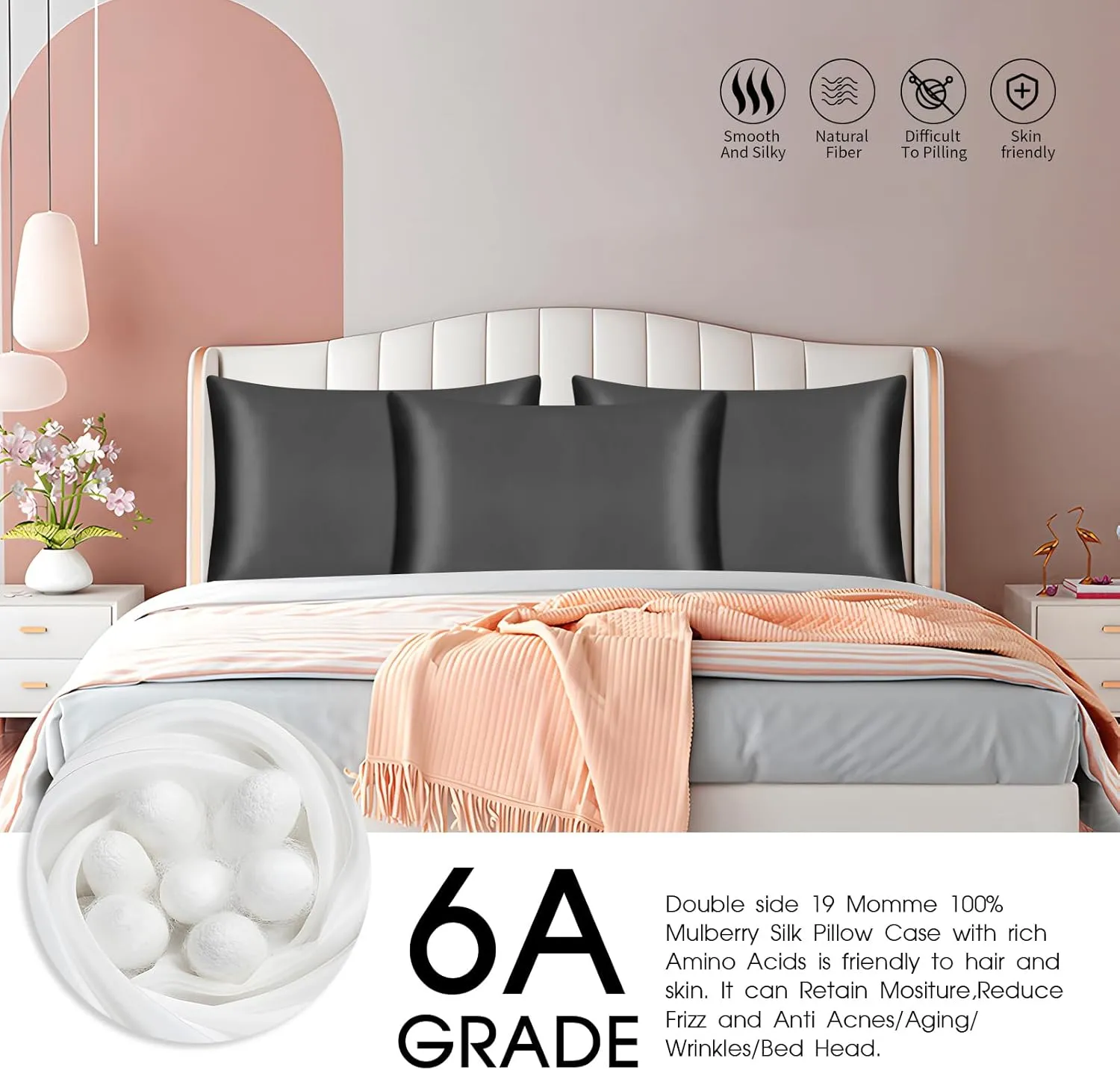 100% Mulberry Silk Zippered Bed Pillowcase for Hair and Skin,Zip Up Real Silk Large Pillow Case,19 Momme Grade 6A,1pc,Charcoal,Super King Size 20x36 Inches