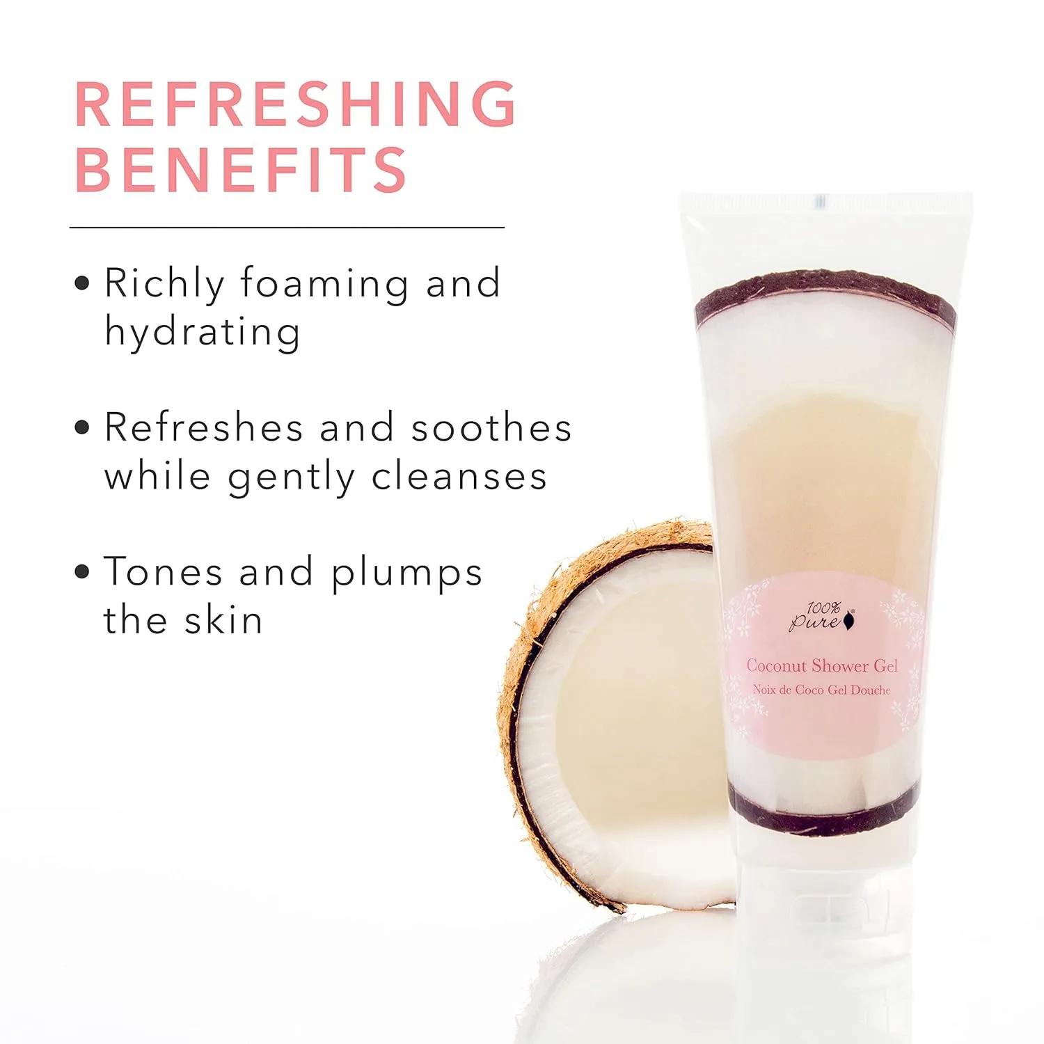 100% PURE Coconut Shower Gel Natural Foaming & Hydrating Body Wash - Deeply Moisturizing Gentle Soap Cleanser for All Skin Types, Even Sensitive - Gluten-Free - 8 Fl Oz