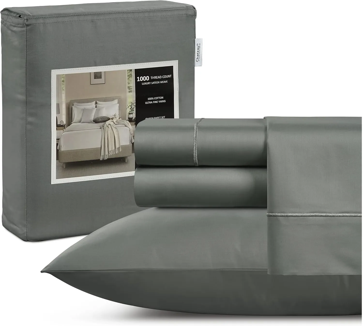 100% Pure Cotton Luxury Hotel Signature Sateen Sheets - King Size, 1000 High Thread Count, Breathable, 15" Fitted Sheets - Charcoal