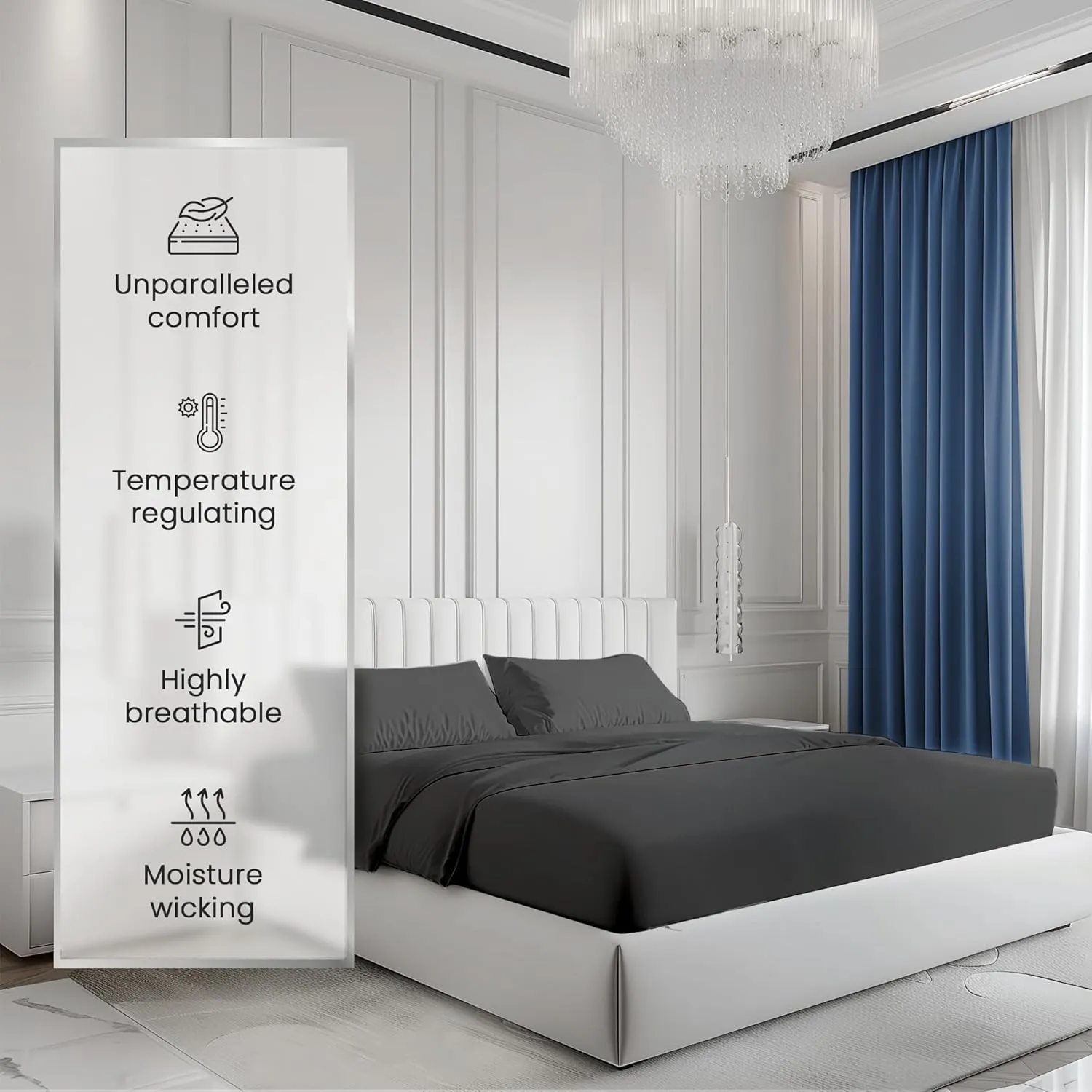 100% Pure Cotton Luxury Hotel Signature Sateen Sheets - King Size, 1000 High Thread Count, Breathable, 15" Fitted Sheets - Charcoal
