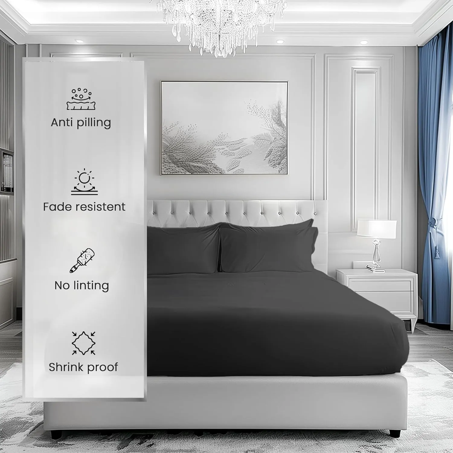 100% Pure Cotton Luxury Hotel Signature Sateen Sheets - King Size, 1000 High Thread Count, Breathable, 15" Fitted Sheets - Charcoal