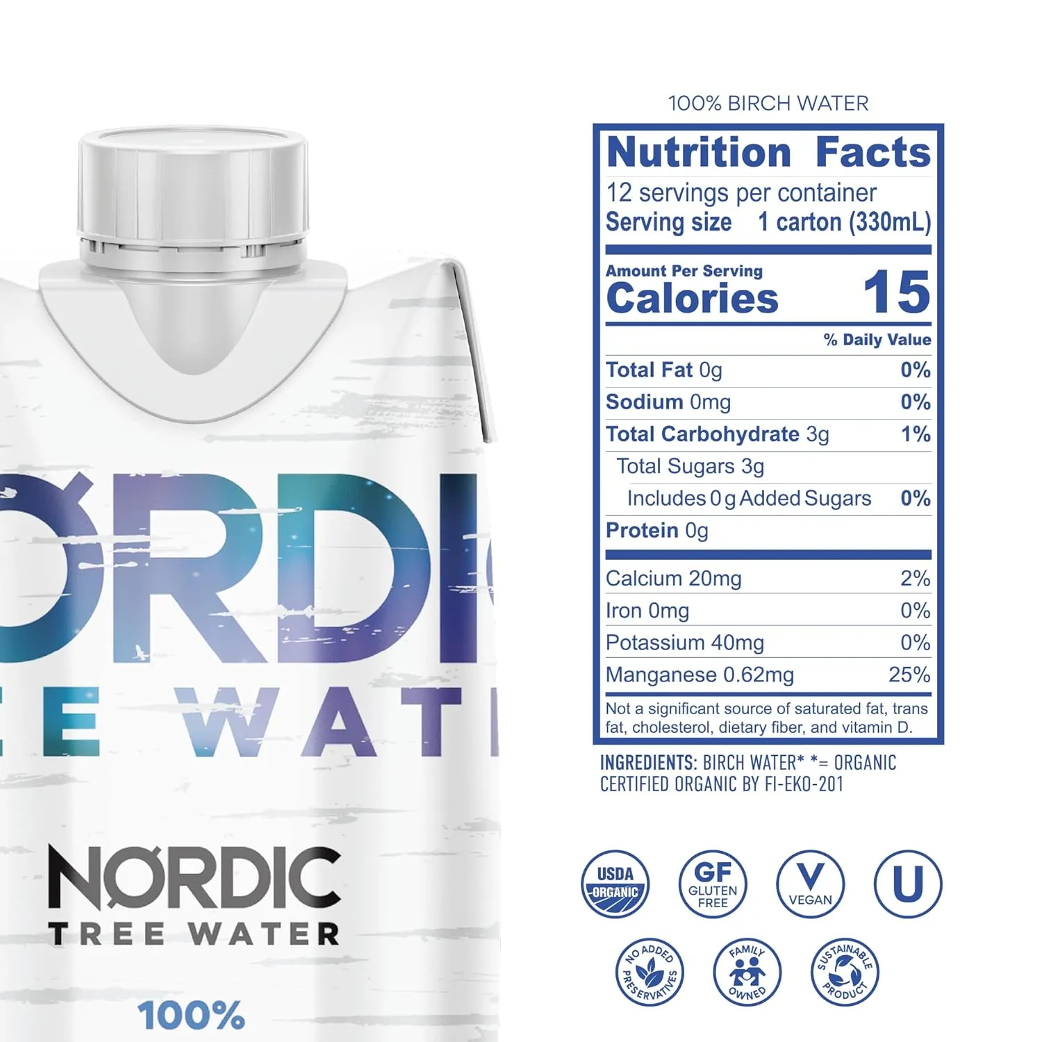 100% USDA Organic Birch Tree Sap – Electrolytes, Minerals, Prebiotics & Vitamins, Finland Wild Harvested, BPA-Free Tetra Pak, Nature’s Perfect Hydration, Lower Calorie than Coconut Water (Pack of 12)