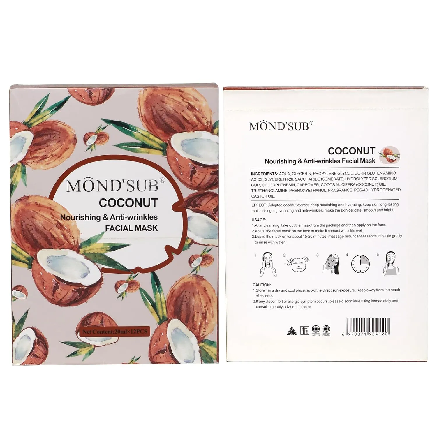[12 P/Pack]Coconut Oil Facial Mask Sheet|Natural Collagen Essence| Instantly Smooth Your Skin |Beauty Essence Facial Paper Sheet Mask By MOND'SUB