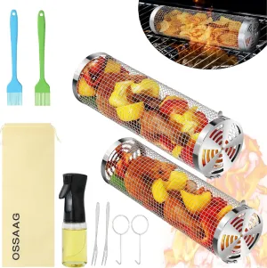 2 pcs Rolling Grilling Baskets for outdoor grilling, BBQ Stainless Steel Grill accessories set for Outdoor Grill, Grill Baskets Suitable for Vegetable,Fries,Fish, Shrimp, Grill BBQ Net Tube with Barbecue accessories