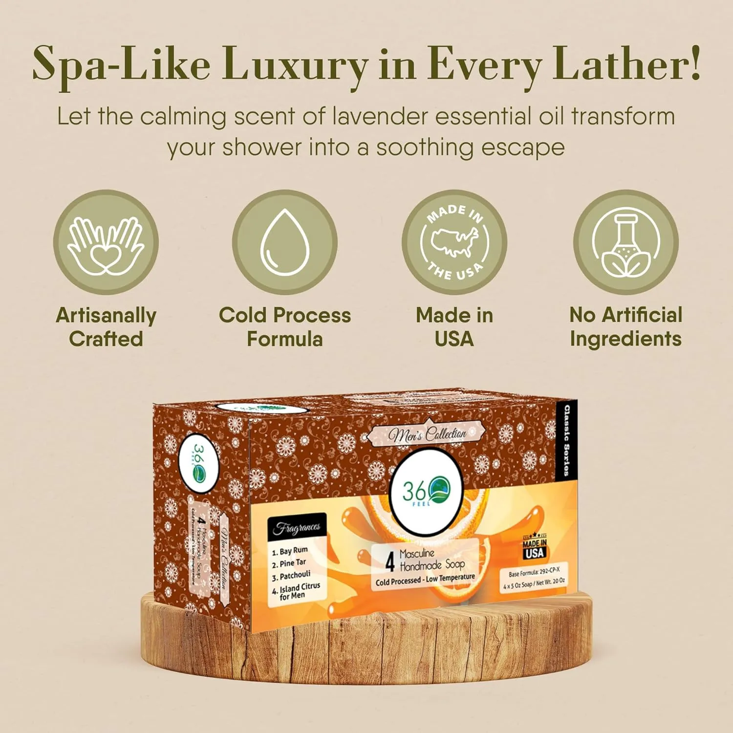 360Feel Men’s Handmade Soap Gift Pack - Nourishing and Hydrating Set of Bar Soap for Men - Infused with Four Bold Masculine Scents Bay Rum, Pine Tar, Patchouli, and Island Citrus - Set of 4