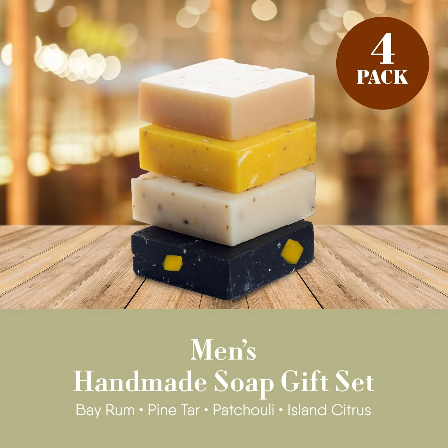 360Feel Men’s Handmade Soap Gift Pack - Nourishing and Hydrating Set of Bar Soap for Men - Infused with Four Bold Masculine Scents Bay Rum, Pine Tar, Patchouli, and Island Citrus - Set of 4