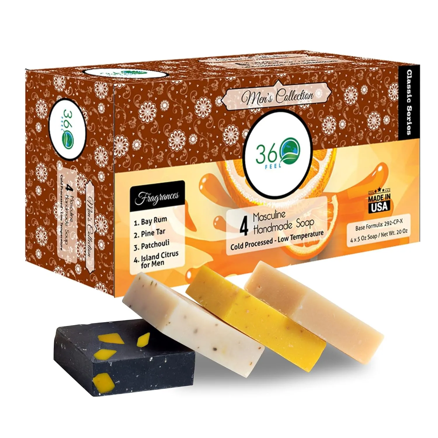 360Feel Men’s Handmade Soap Gift Pack - Nourishing and Hydrating Set of Bar Soap for Men - Infused with Four Bold Masculine Scents Bay Rum, Pine Tar, Patchouli, and Island Citrus - Set of 4