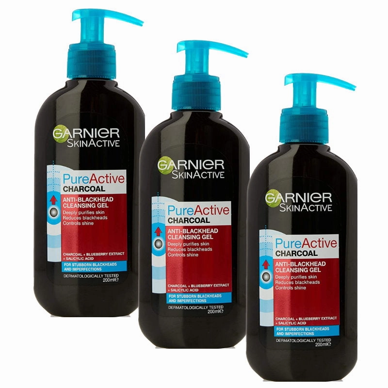 3x Garnier Pure Active Charcoal Anti Blackhead Cleansing Gel 200ml