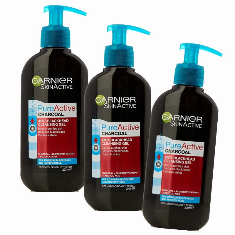 3x Garnier Pure Active Charcoal Anti Blackhead Cleansing Gel 200ml