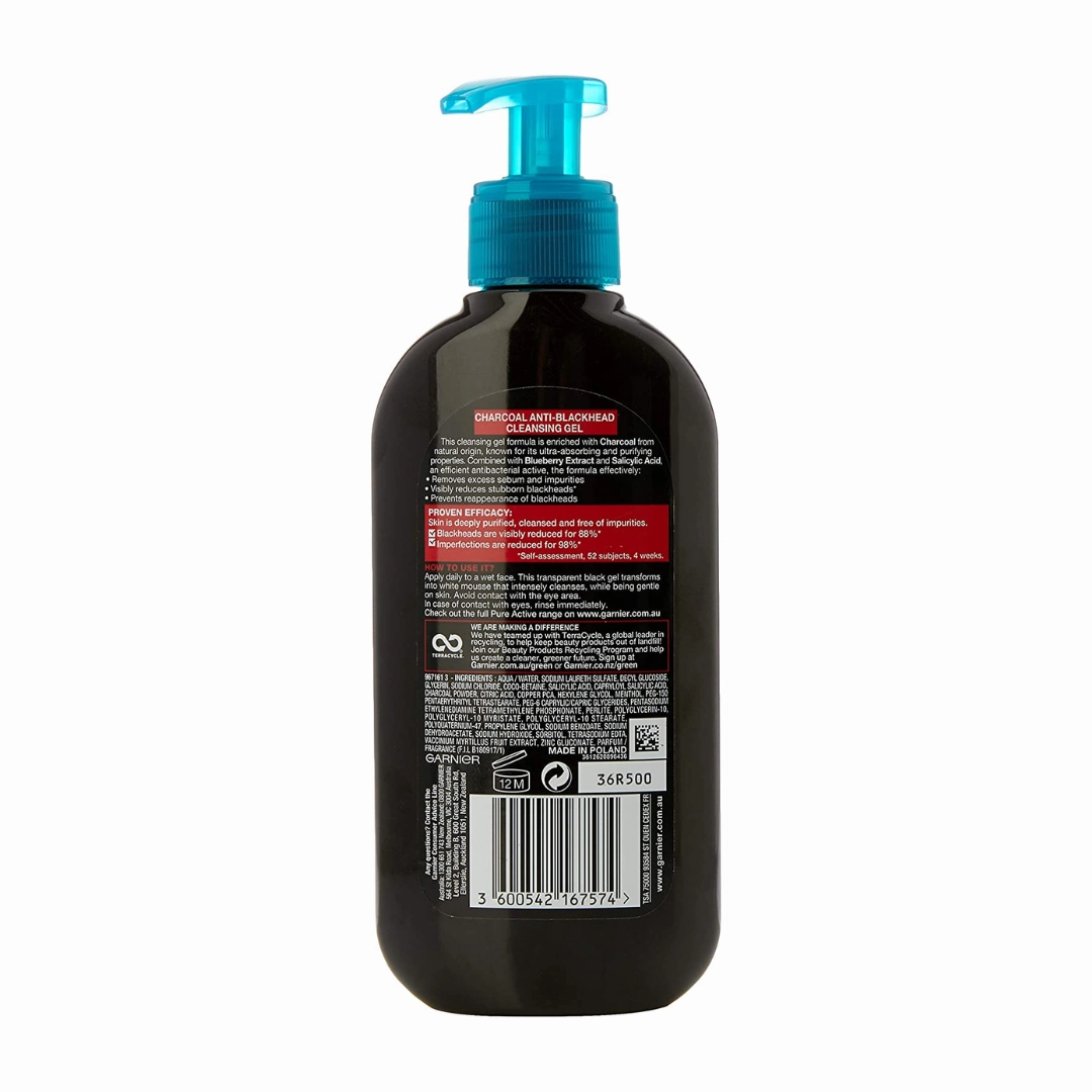 3x Garnier Pure Active Charcoal Anti Blackhead Cleansing Gel 200ml