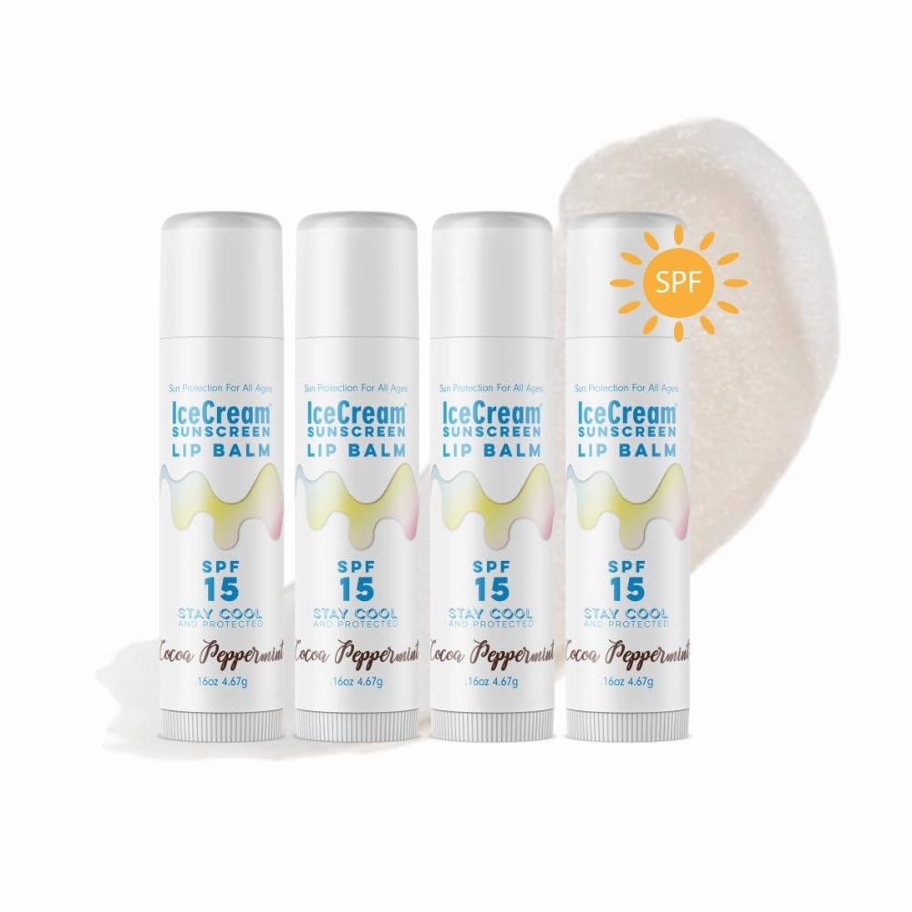 4-Pack Lip Balm Gift Set by IceCream Sunscreen. Cocoa Peppermint Scented Flavor SPF15 Natural Lip Moisturizer Treatment Best Beeswax Chapsticks Made in USA for Men, Women, Children with Vitamin E