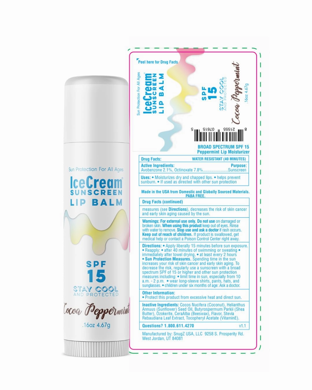 4-Pack Lip Balm Gift Set by IceCream Sunscreen. Cocoa Peppermint Scented Flavor SPF15 Natural Lip Moisturizer Treatment Best Beeswax Chapsticks Made in USA for Men, Women, Children with Vitamin E