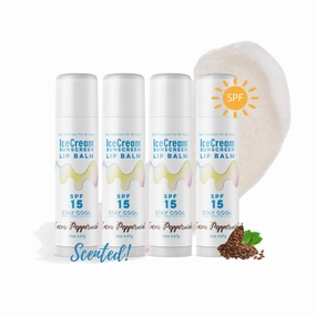 4-Pack Lip Balm Gift Set by IceCream Sunscreen. Cocoa Peppermint Scented Flavor SPF15 Natural Lip Moisturizer Treatment Best Beeswax Chapsticks Made in USA for Men, Women, Children with Vitamin E