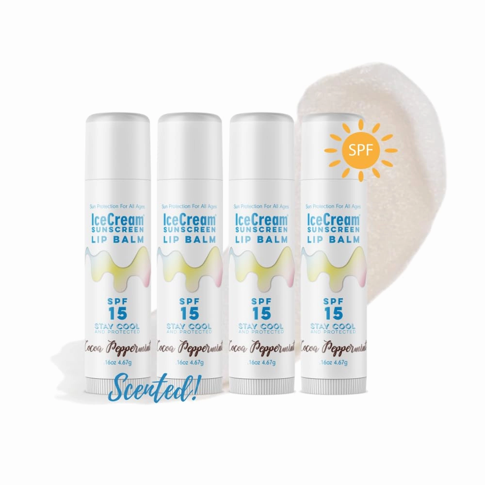 4-Pack Lip Balm Gift Set by IceCream Sunscreen. Cocoa Peppermint Scented Flavor SPF15 Natural Lip Moisturizer Treatment Best Beeswax Chapsticks Made in USA for Men, Women, Children with Vitamin E