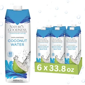 6 Pack of Nature's Goodness Coconut Water - 33.82 Fl Oz 1(L) (No Pulp, Sugar Free, Vegan, Hydrating Naturally)