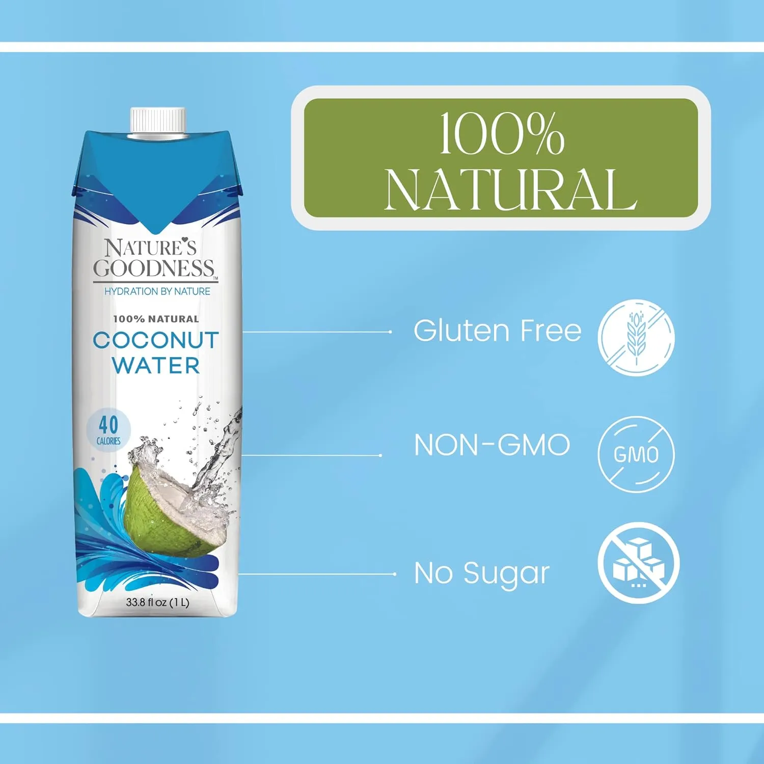6 Pack of Nature's Goodness Coconut Water - 33.82 Fl Oz 1(L) (No Pulp, Sugar Free, Vegan, Hydrating Naturally)