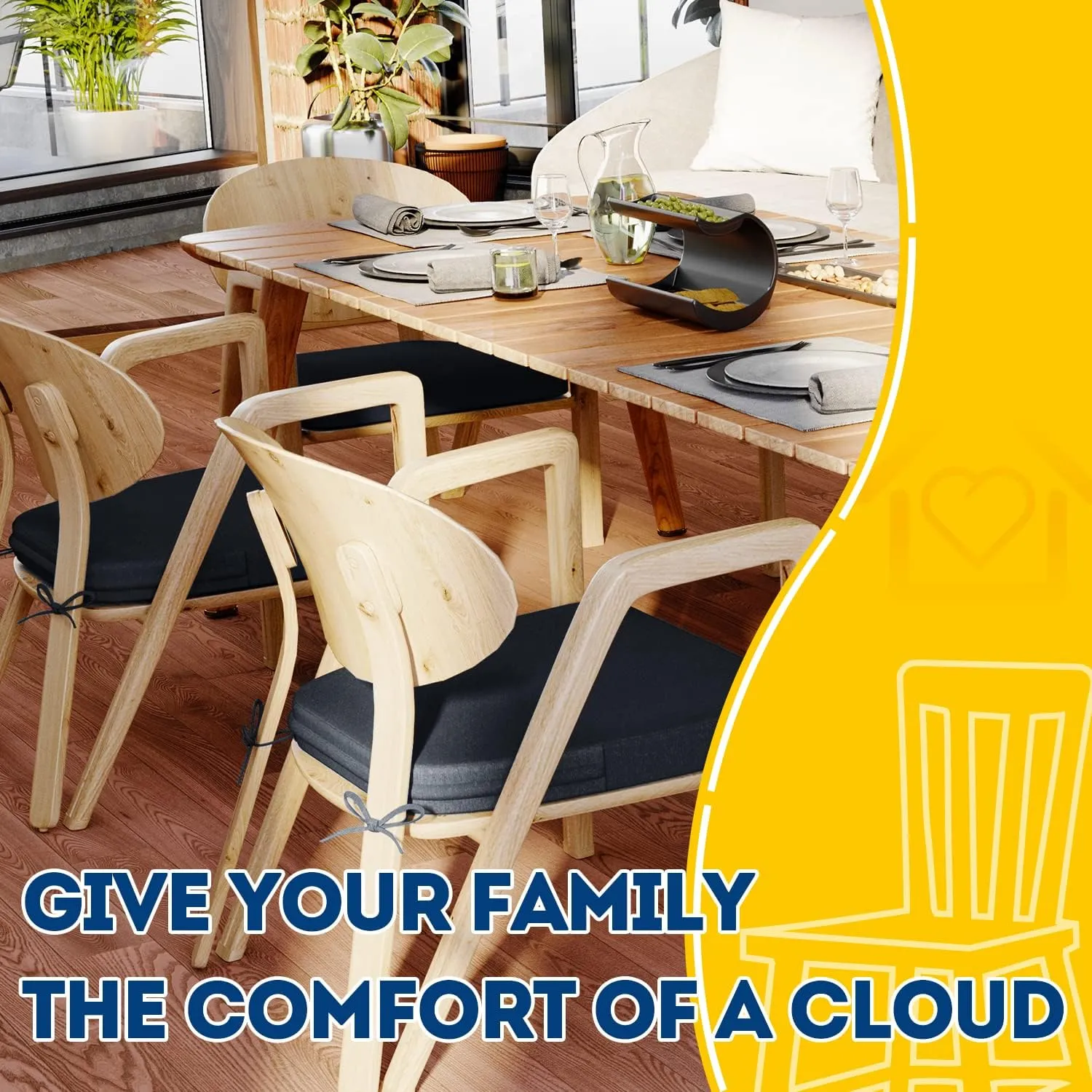AAAAAcessories D-Shaped Chair Cushions, 2" Thick Dining Chair Pads with Ties and Removable, Machine-Washable Cover, 17" x 16", Set of 4, Charcoal Gray