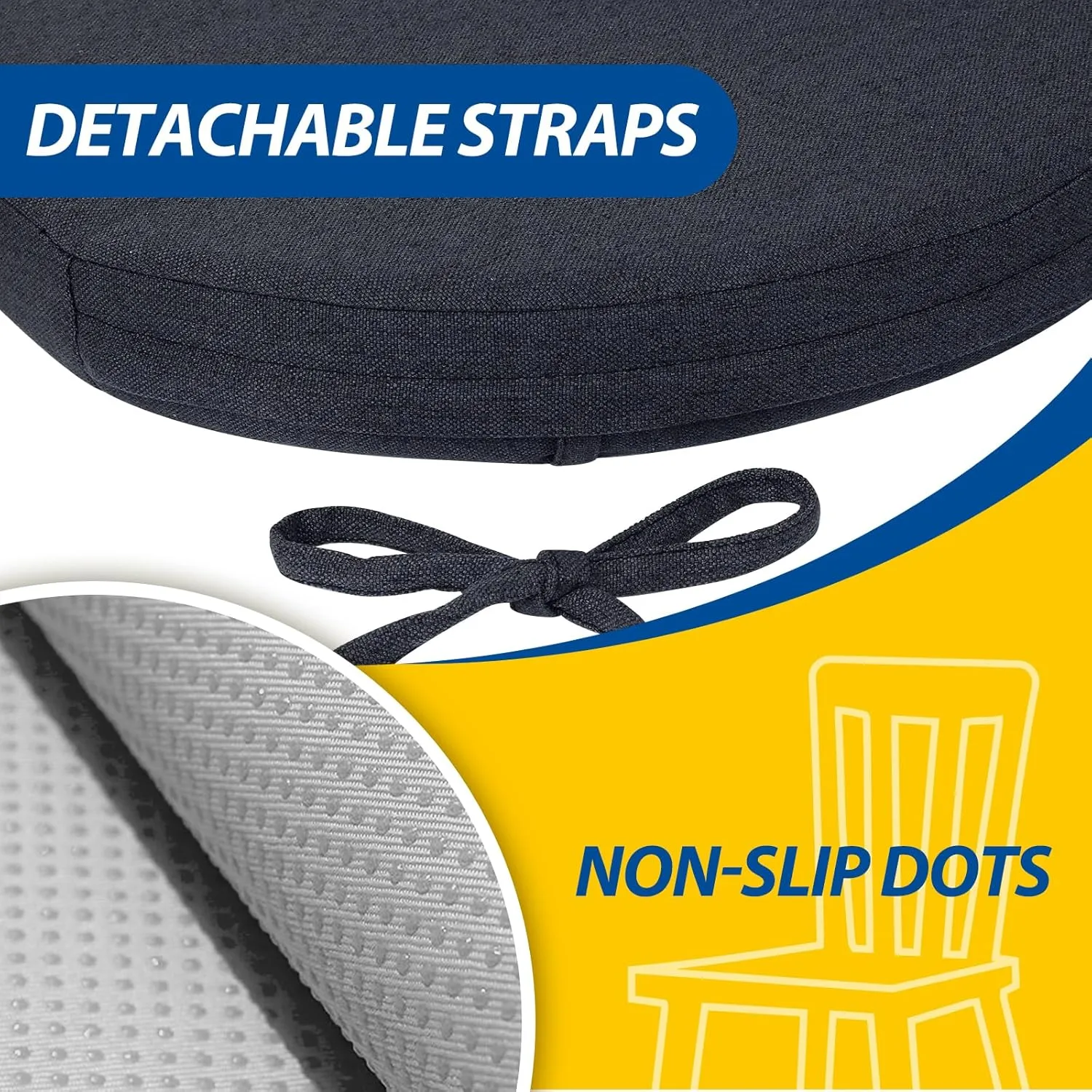 AAAAAcessories D-Shaped Chair Cushions, 2" Thick Dining Chair Pads with Ties and Removable, Machine-Washable Cover, 17" x 16", Set of 4, Charcoal Gray
