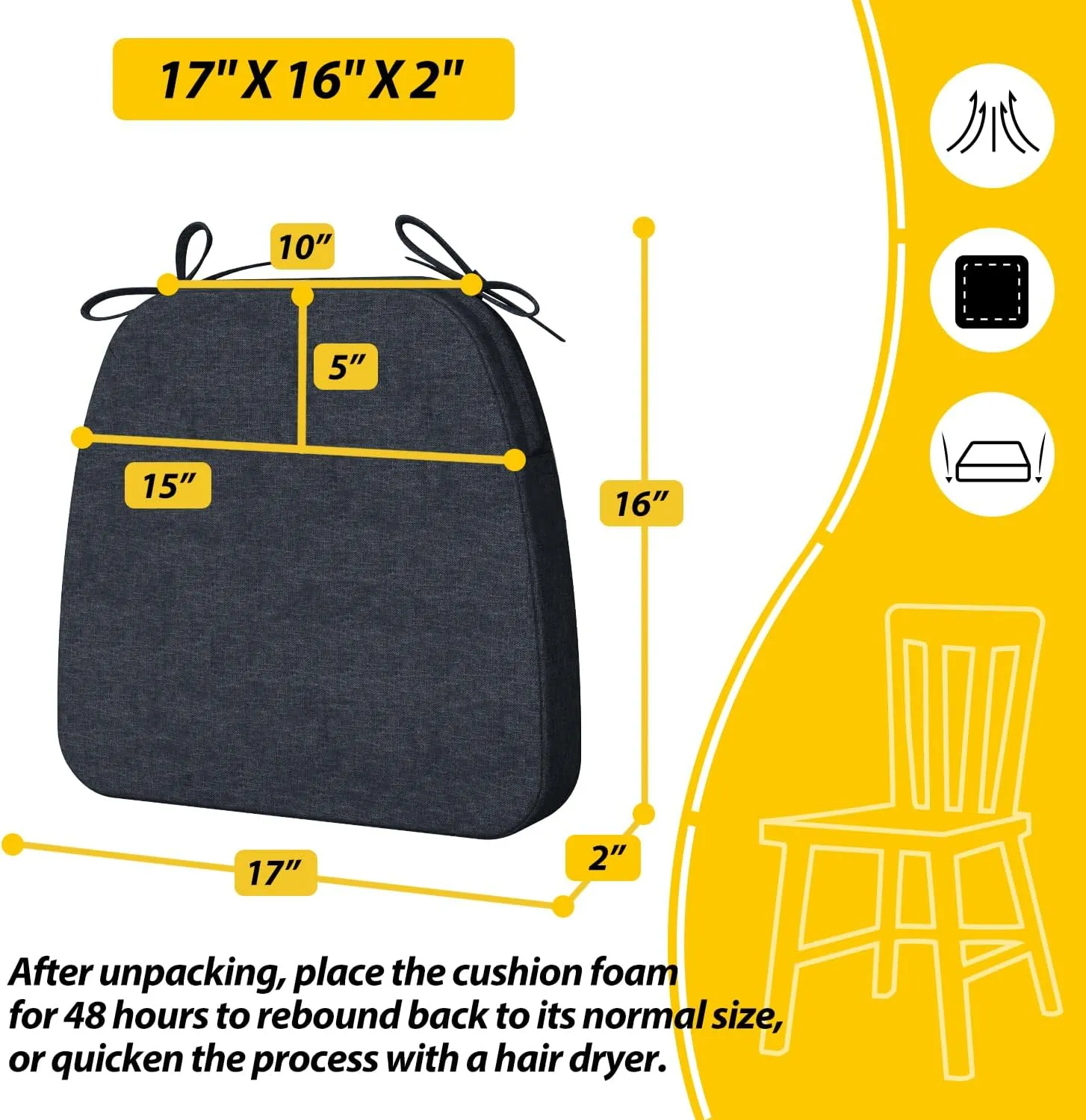 AAAAAcessories D-Shaped Chair Cushions, 2" Thick Dining Chair Pads with Ties and Removable, Machine-Washable Cover, 17" x 16", Set of 4, Charcoal Gray