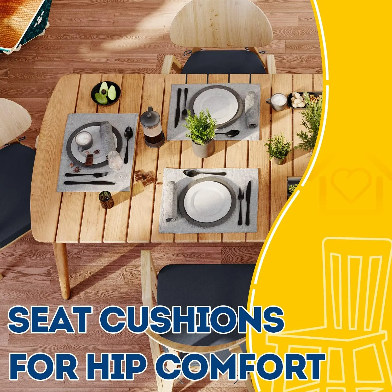 AAAAAcessories D-Shaped Chair Cushions, 2" Thick Dining Chair Pads with Ties and Removable, Machine-Washable Cover, 17" x 16", Set of 4, Charcoal Gray