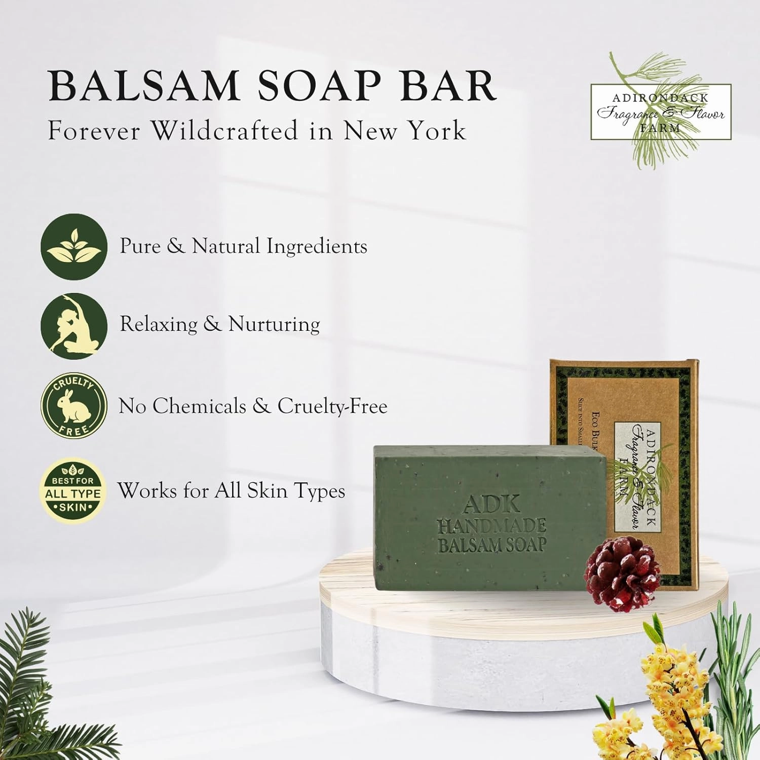 Adirondack Fragrance & Flavor Farm ADK Natural Balsam Soap Bar 16 oz., Handmade Vegan Olive Oil Body Soap for Dry and Sensitive Skin, Moisturising for Men, Women & Babies