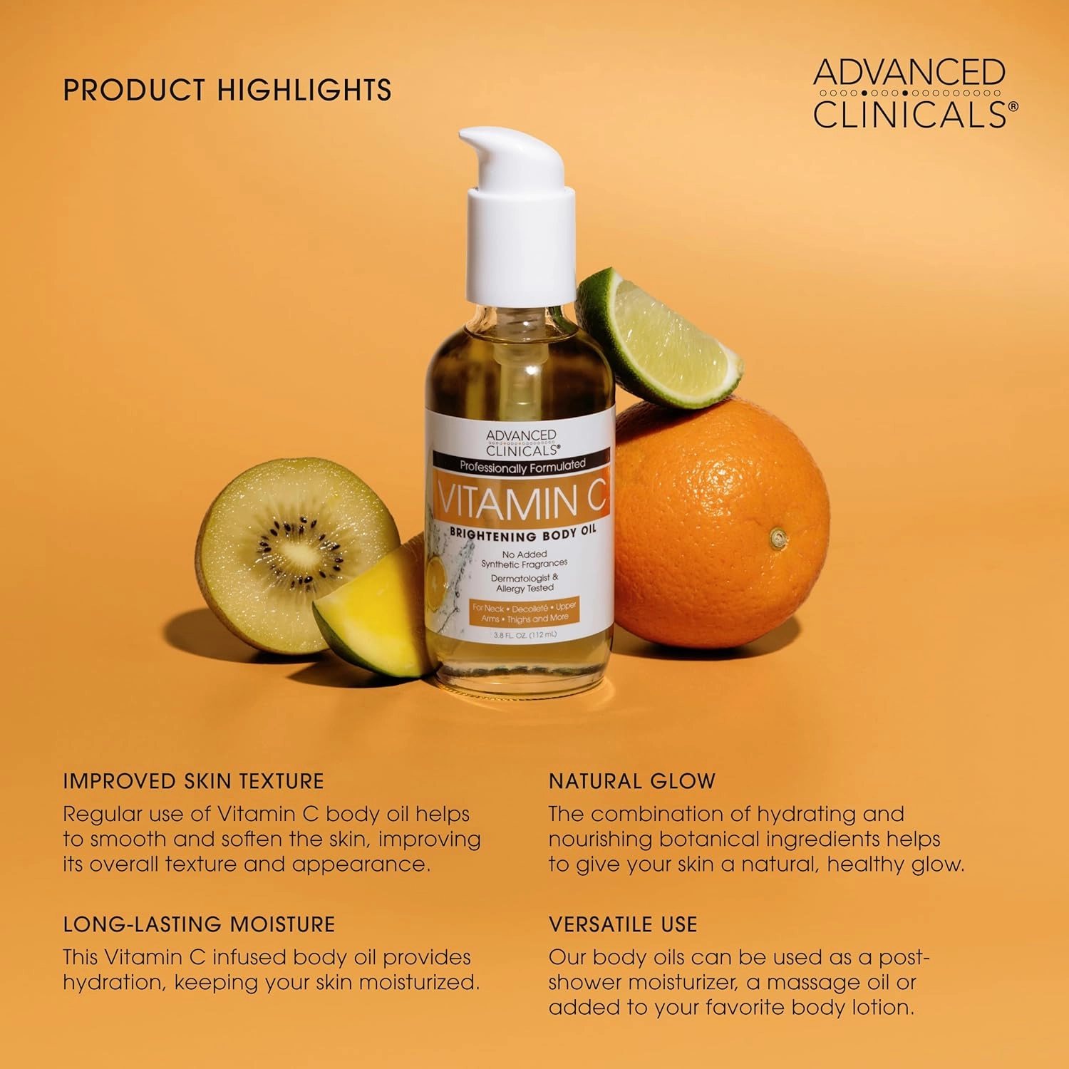 Advanced Clinicals Brightening Vitamin C Cream Moisturizer   Vitamin C Body Oil 2pc Skincare Set | Nourishing, Brightening, & Hydrating Body Oil & Body Lotion To Improve Appearance Of Dark Spots, 2pc