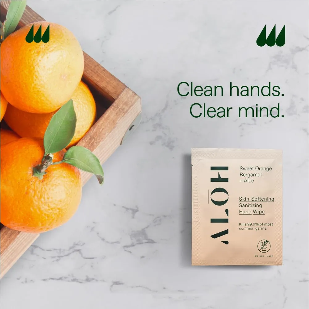 ALŌH Skin - Softening Sanitizing Hand Wipes – Sweet Orange Bergamot - 4 Boxes of 20 Individually Wrapped Wipes (80 wipes)