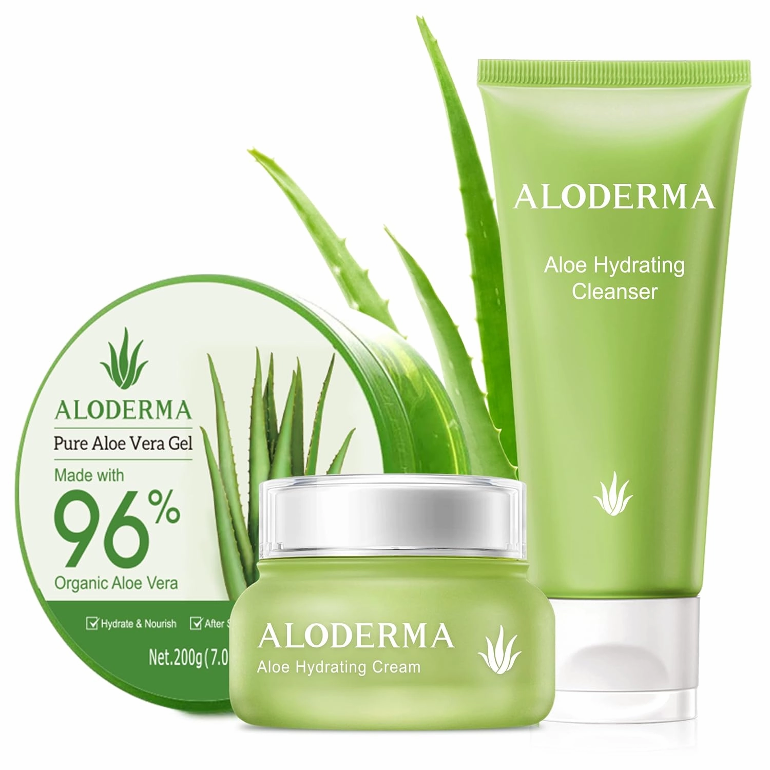Aloderma Basic Aloe Hydrating Set - 4 Pieces - Hydrating Cleanser, Hydrating Cream, 200g Aloe Vera Gel x 2pcs