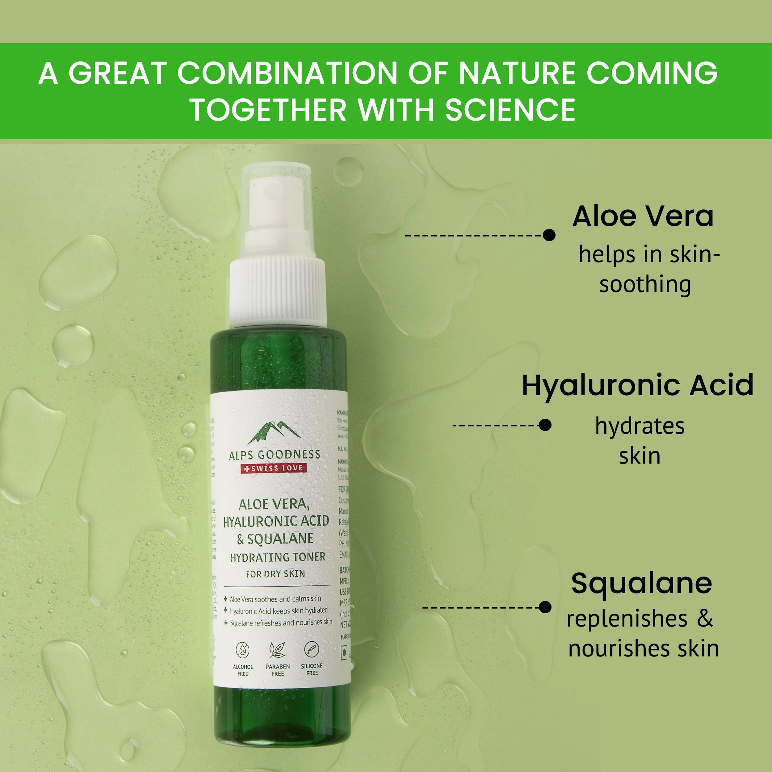 Alps Goodness Aloe Vera Squalane and Hyaluronic Acid Hydrating Toner (110 ml)| Hydrating Toner| Pore Minimizing Toner| Pore Tightening Toner| Silicone Free| Sulphate Free| Paraben Free| Vegan