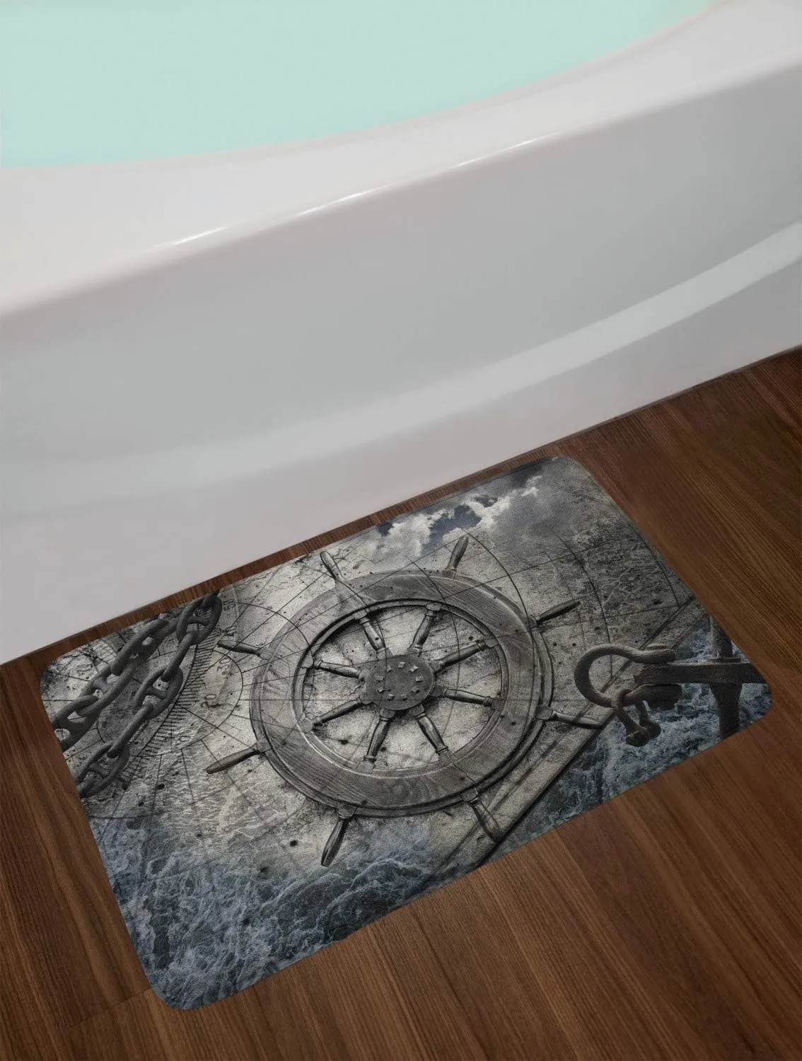 Ambesonne Ships Wheel Bath Mat, Retro Navigation Equipment Illustration Steering Helm Charts Anchor Chains, Plush Bathroom Decor Mat with Non Slip Backing, 30.2" x 20", Charcoal