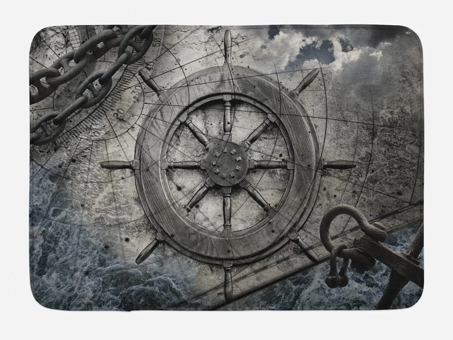 Ambesonne Ships Wheel Bath Mat, Retro Navigation Equipment Illustration Steering Helm Charts Anchor Chains, Plush Bathroom Decor Mat with Non Slip Backing, 30.2" x 20", Charcoal