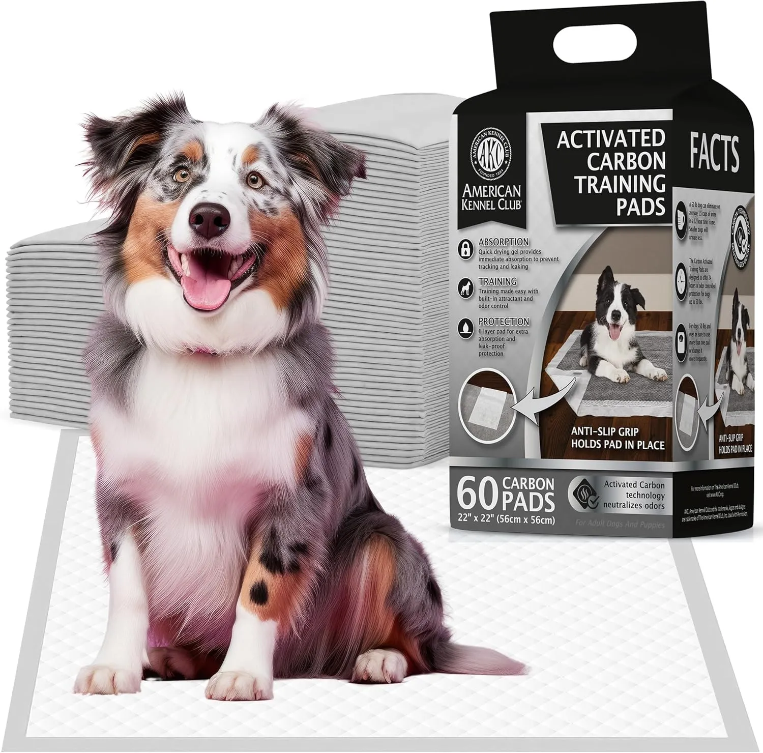 American Kennel Club Charcoal Puppy Training Pads, with Anti-Slip Adhesive Backing, Quick Dry Gel and Activated Carbon Odor Control - 22 x 22-60 Count