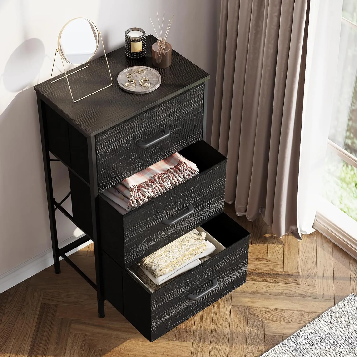 AODK Dresser for Bedroom Nightstand Small Dressers Chest of Drawers End Table for Living Room, Closet Dresser with 3 Storage Drawers Organizer Clothes, Charcoal Black