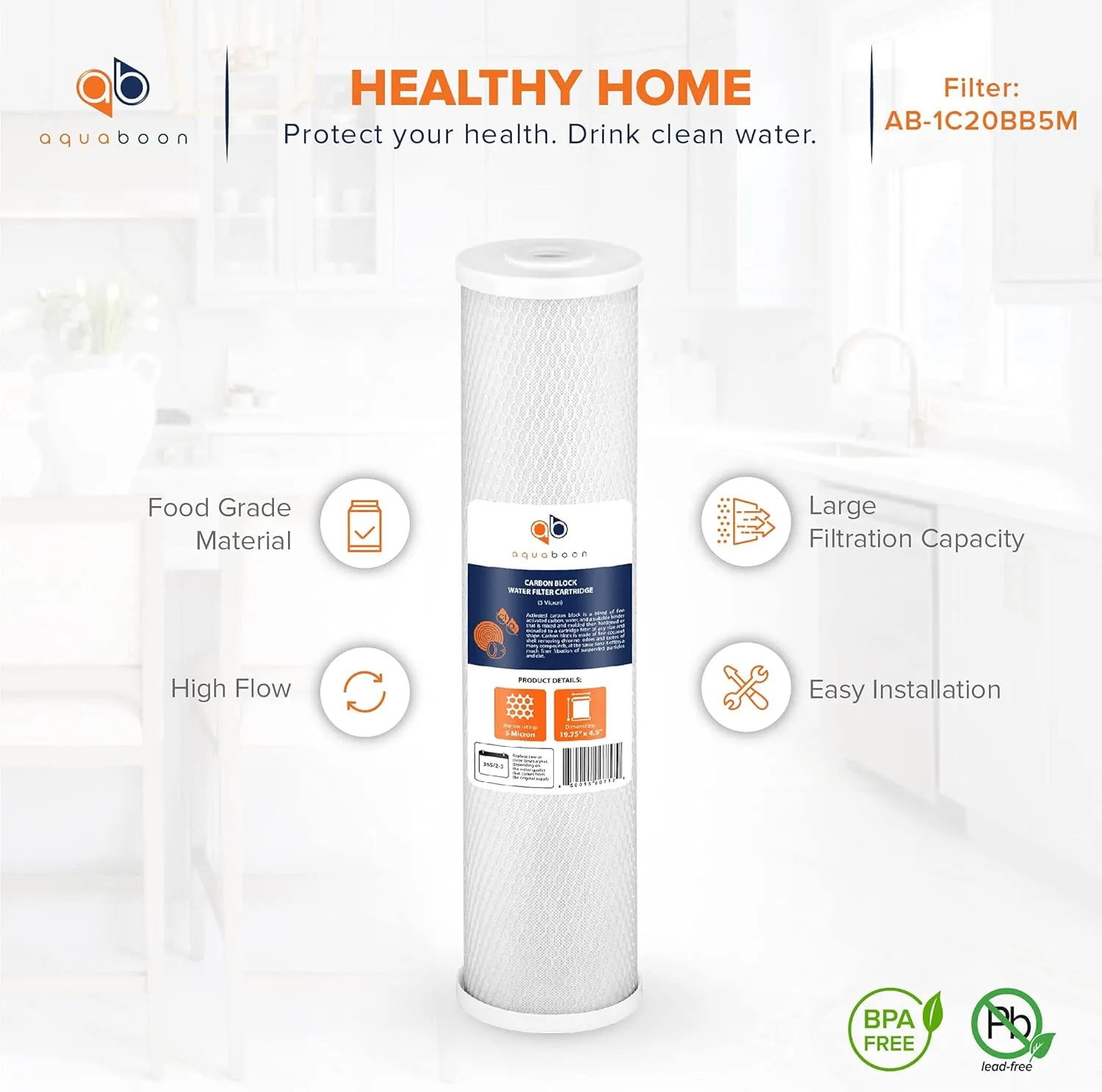 Aquaboon Carbon Water Filter Replacement - 5 Micron Water Filter 20 x 4.5 inch - Whole House CTO Carbon Block Water Filter Cartridge Compatible with FC25B, EPM-20BB, CB-BB-20, 155783-43, 2 Pack