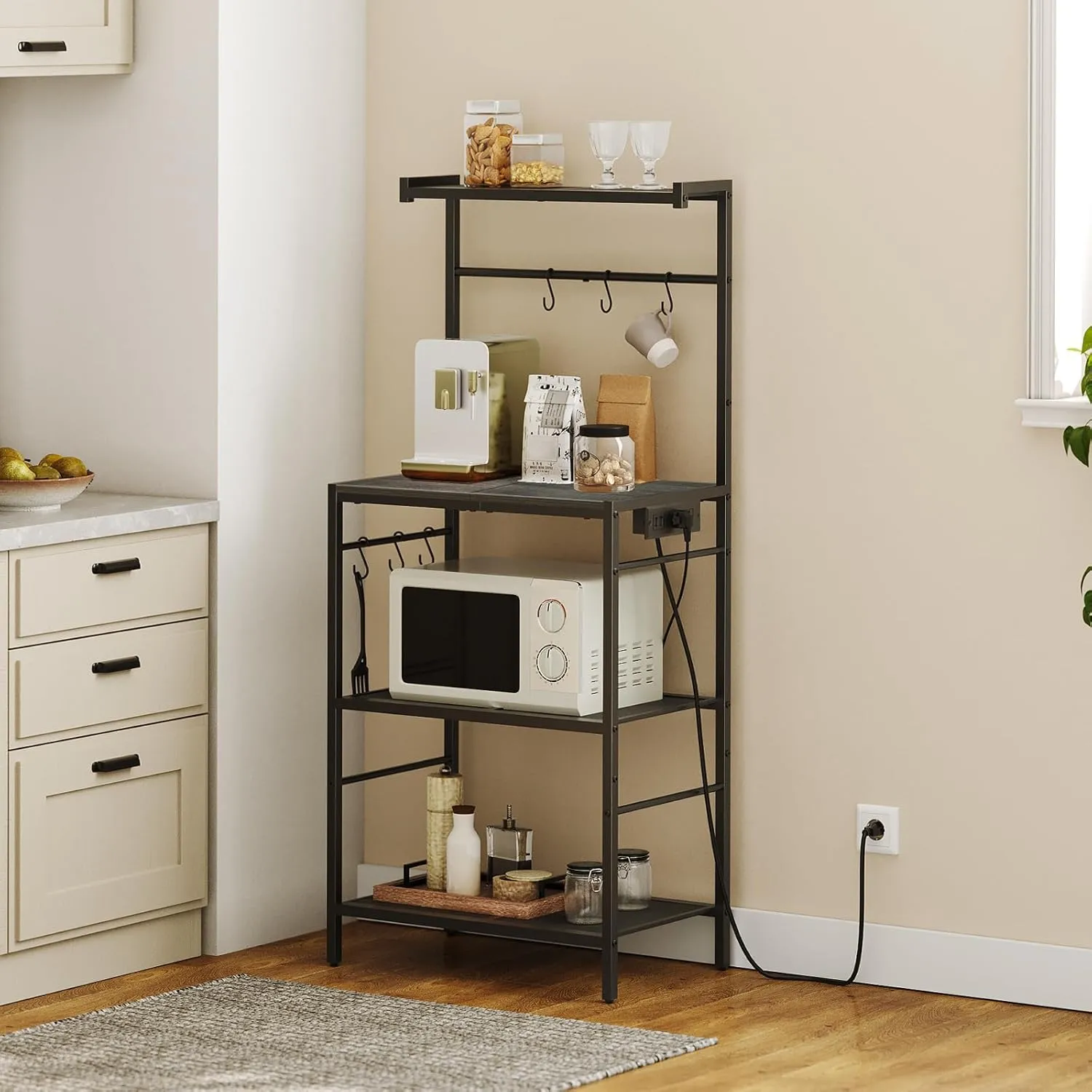 Bakers Rack with Charging Station, Microwave Stand with 6 S-Shaped Hooks, 4-Tier Storage Rack, Multifunctional Coffee Bar, for Kitchen, Dining Room, Charcoal Gray and Black BRHT35E01N1
