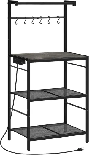 Bakers Rack with Charging Station, Microwave Stand with 6 S-Shaped Hooks, 4-Tier Storage Rack, Multifunctional Coffee Bar, for Kitchen, Dining Room, Charcoal Gray and Black BRHT35E01N1