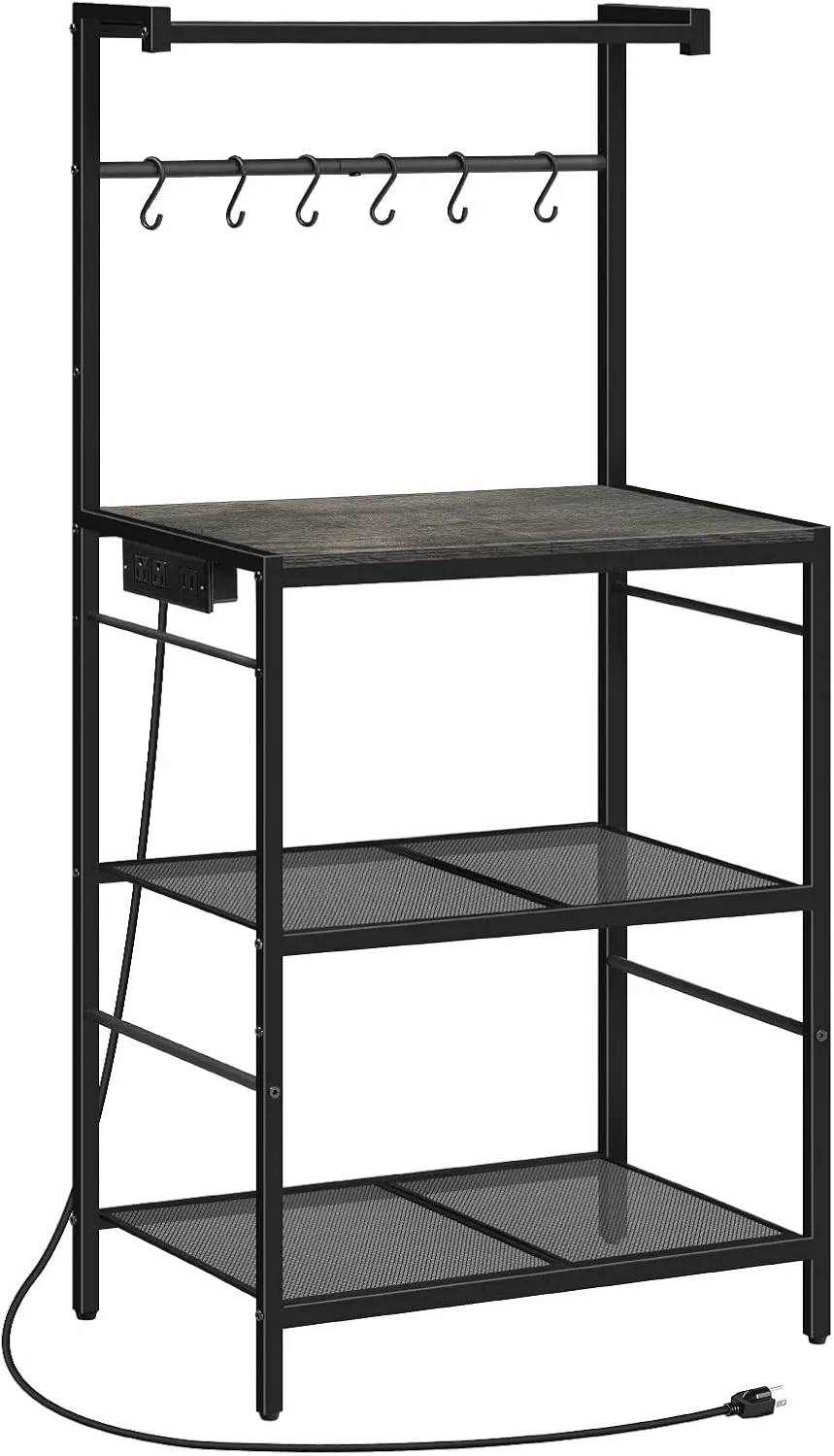 Bakers Rack with Charging Station, Microwave Stand with 6 S-Shaped Hooks, 4-Tier Storage Rack, Multifunctional Coffee Bar, for Kitchen, Dining Room, Charcoal Gray and Black BRHT35E01N1
