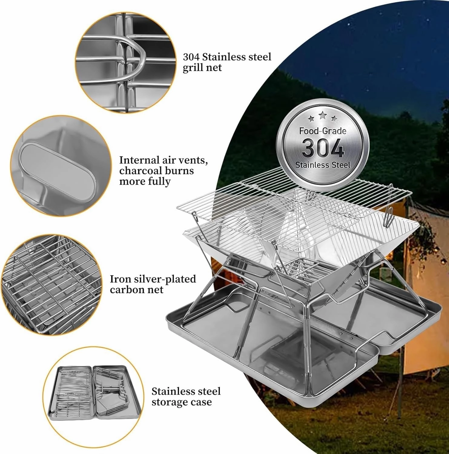 Bbq Grill Stainless Steel Barbeque Grill Portable Camping Grill For Backpacking Hiking Travel Picnic