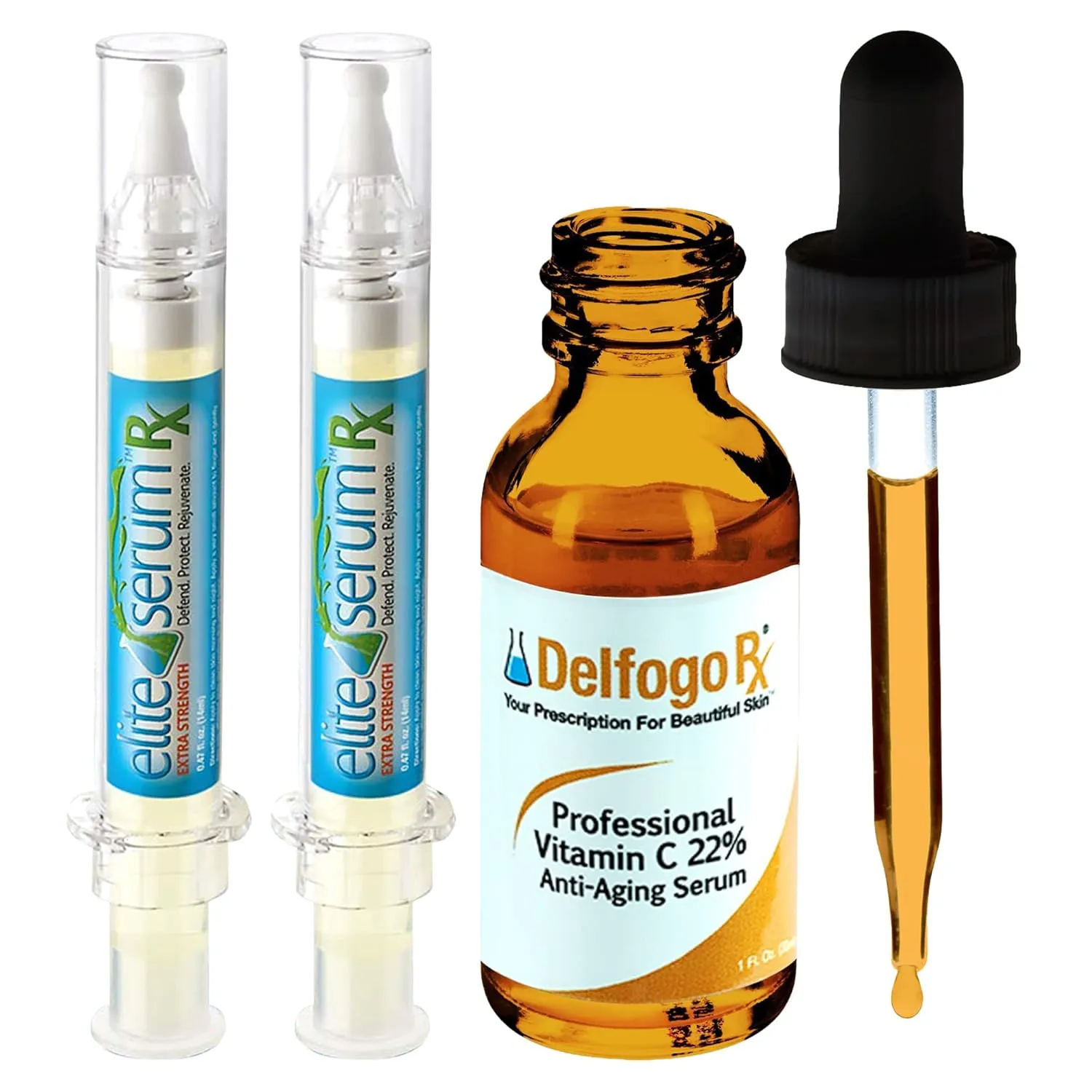 Beauty Bundle with Elite Serum RX Eye Cream and Delfogo RX Anti-Aging Facial Serum — Eye Cream for Wrinkles, Dark Circles and Bags — Vitamin C Serum Facial for Firming Skin