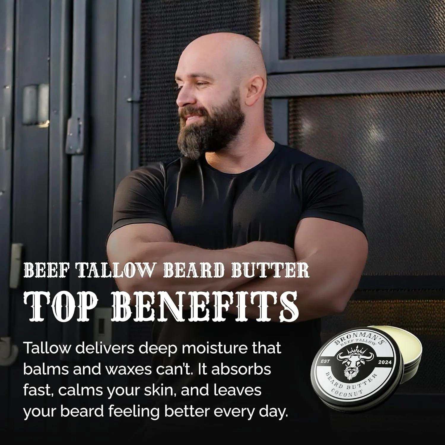 Beef Tallow Beard Butter for Men - 4oz - Hydrating Coconut Beard and Skin Balm with Shea Butter - Deeply Moisturizing Tallow