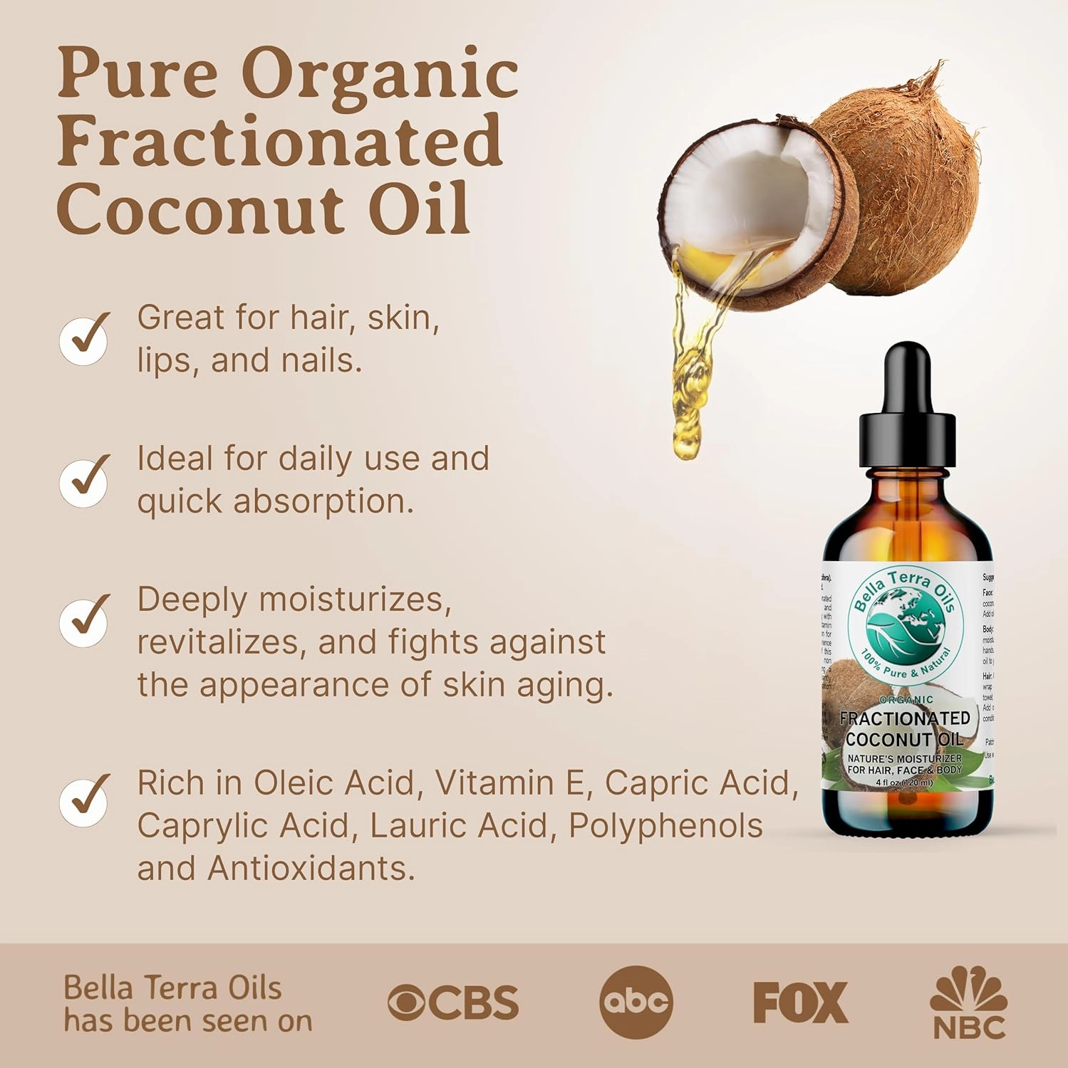 Bella Terra Oils Fractionated Coconut Oil (MCT Oil) – 1 gallon, Deeply Hydrating, Lightweight, Non-Greasy