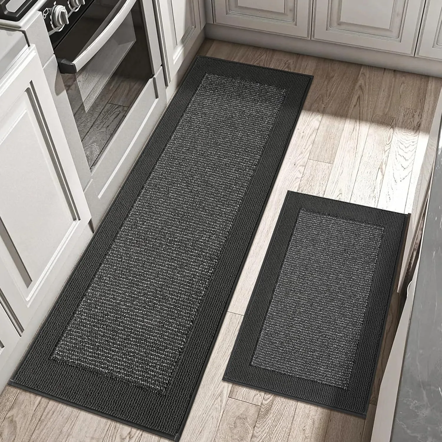 BEQHAUSE Kitchen Rugs and Mats Set of 2 Non-Slip Kitchen Mats for Floor, Absorbent and Stain Resistant Kitchen Runner, Machine Washable Rugs for Kitchen, Laundry & Sink, 20"x32" 20"x48", Charcoal
