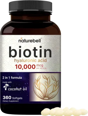 Biotin 10000mcg   Hyaluronic Acid 25mg | 360 Coconut Oil Softgels, Premium Biotin Vitamins for Hair Skin and Nails, Highly Purified and Bioavailable, Quick Release