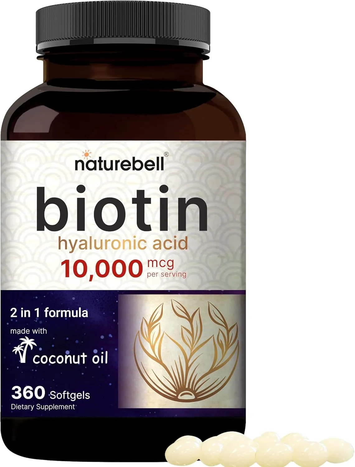 Biotin 10000mcg   Hyaluronic Acid 25mg | 360 Coconut Oil Softgels, Premium Biotin Vitamins for Hair Skin and Nails, Highly Purified and Bioavailable, Quick Release
