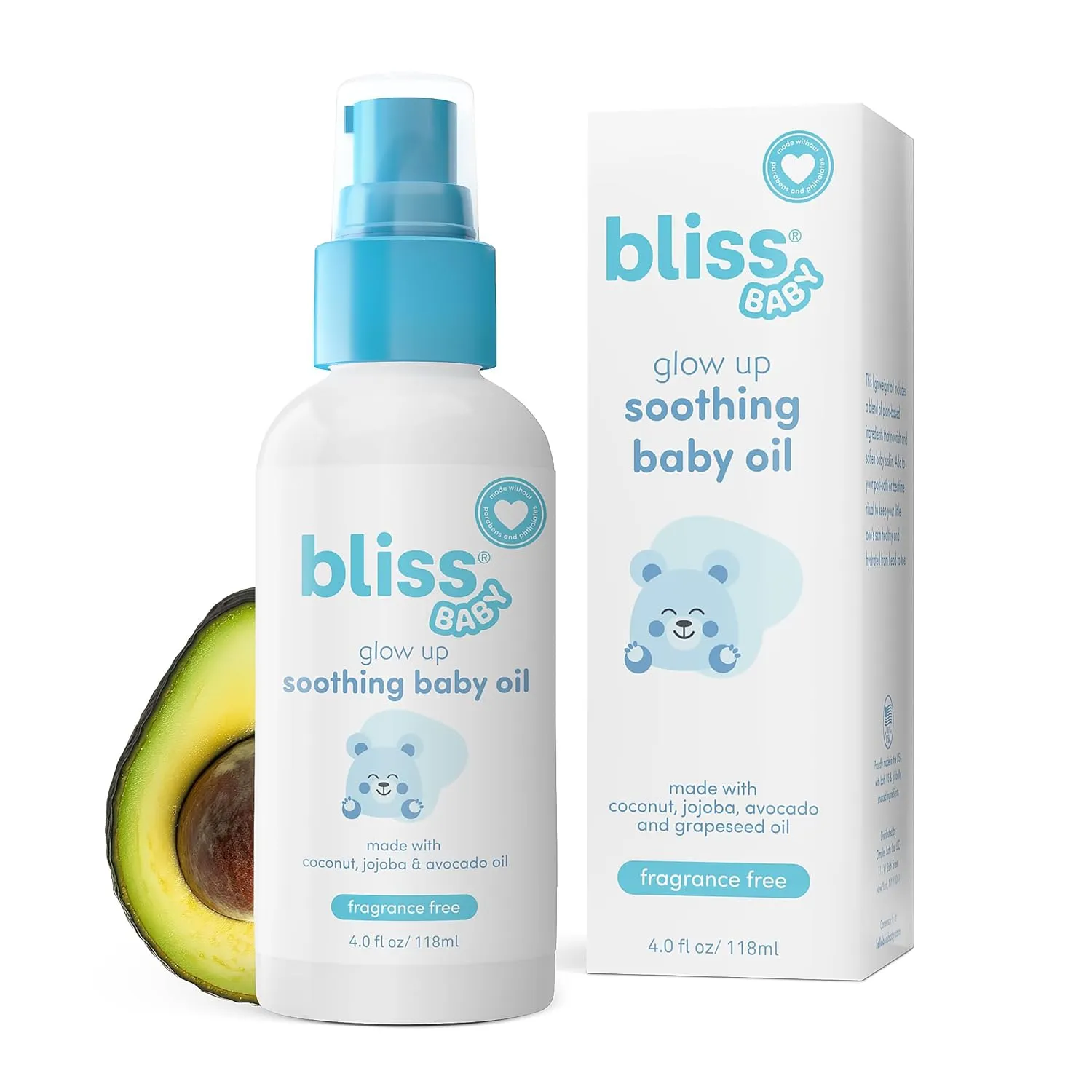 Bliss Baby Oil, All Natural, Premium & Fragrance Free, Vegan - Made with Organic Avocado Oil & Other Plant-Based Ingredients, Dermatologist Tested, Soothing & Hydrating Baby Massage Oil, 4 fl. Oz.