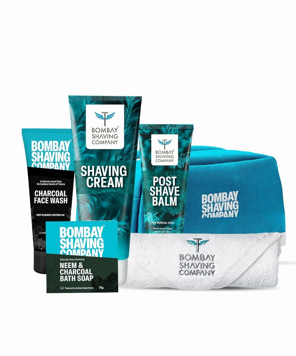 Bo.mbay Sh.aving Co.mpany Premium Shaving Kit For Men | Charcoal Face Scrub, Charcoal Shaving Cream, Post Shave Balm, Neem & Charcoal Bath Soap, Face Towel