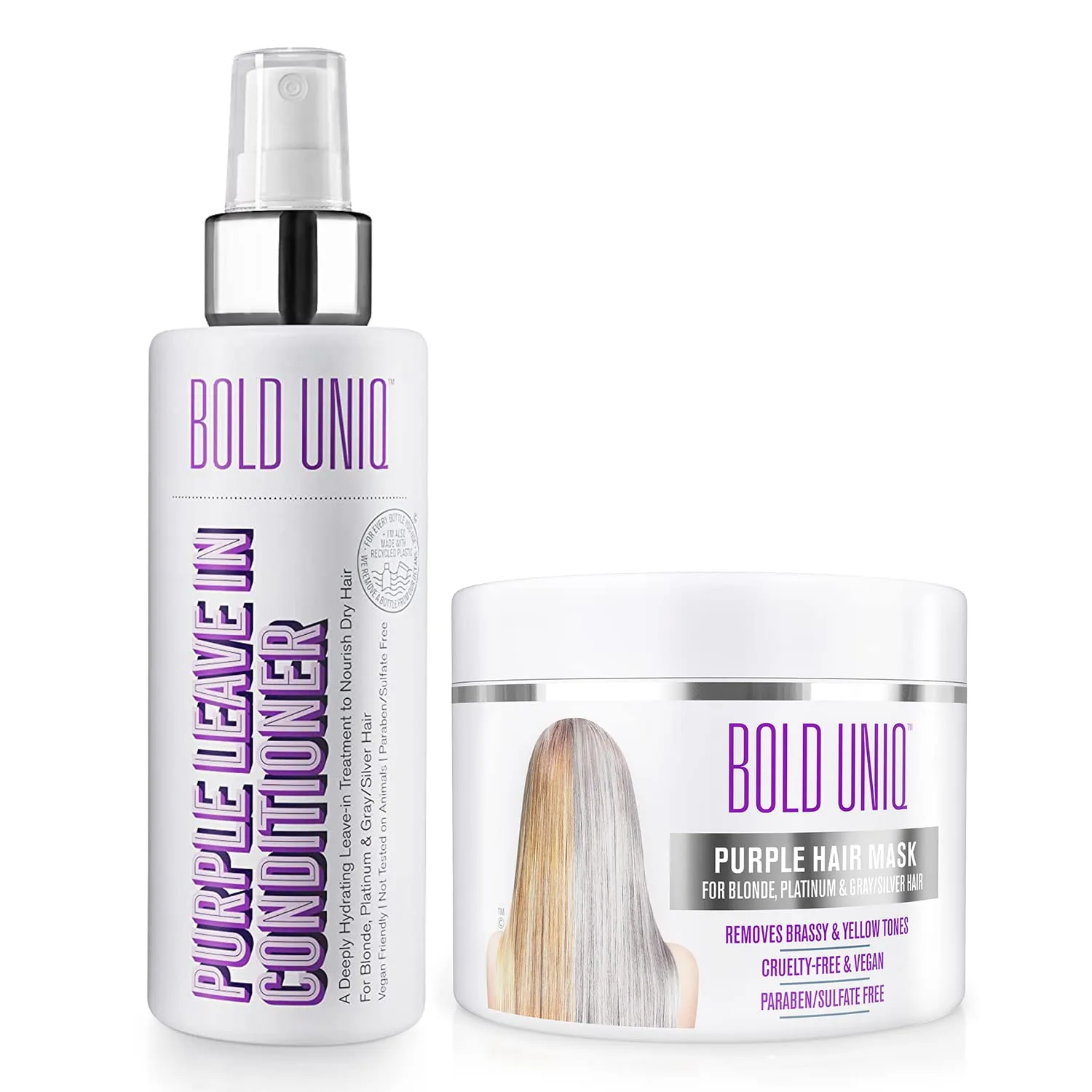 BOLD UNIQ Purple Hair Mask For Blonde, Platinum, Bleached, Silver, Gray, Ash & Brassy Hair & Purple Leave-in Conditioner - Remove Yellow Tones, Reduce Brassiness and Condition Dry, Damaged Hair