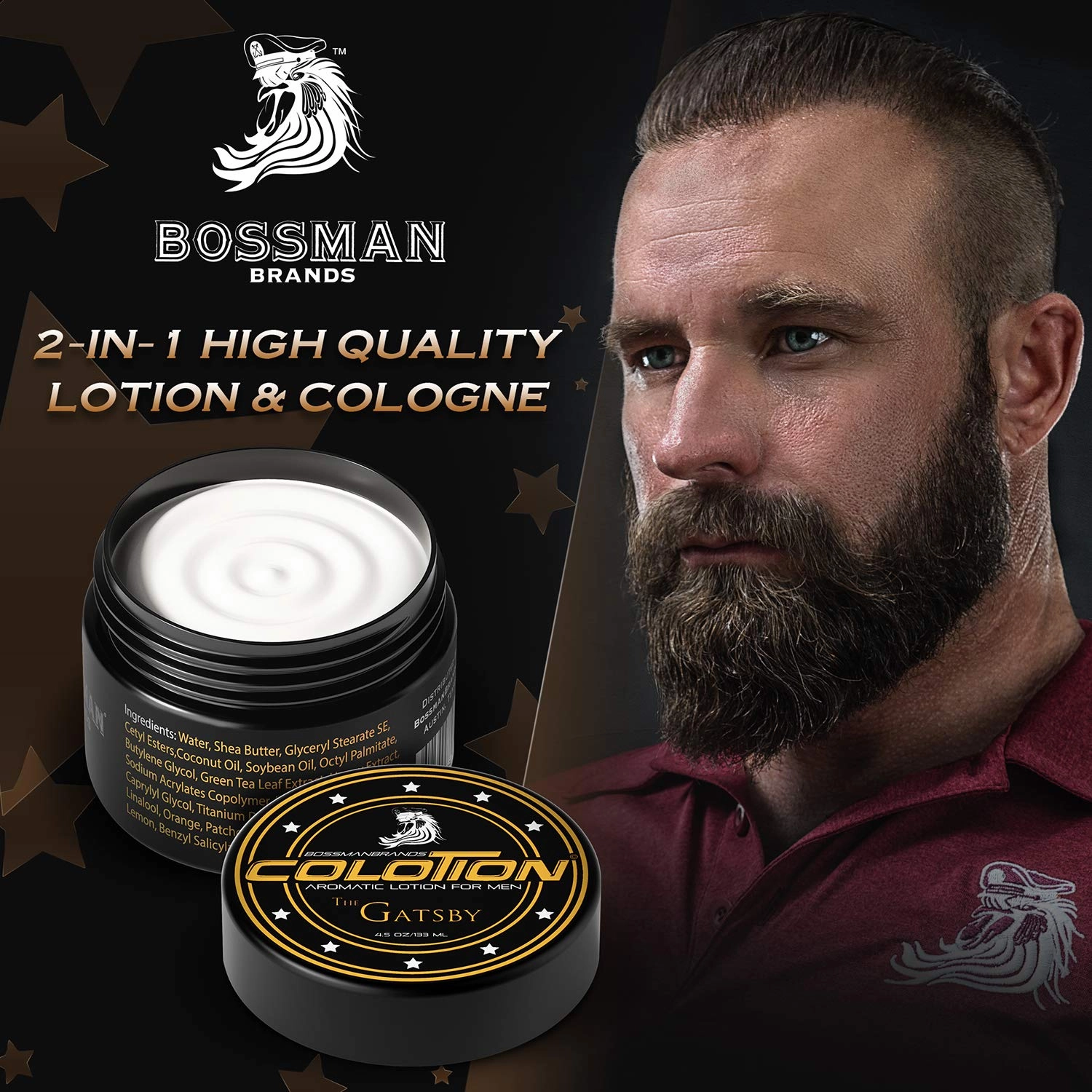 Bossman Colotion (The Gatsby Scent) – 2-in-1 Men's Lotion & Cologne, Moisturizing & Hydrating Scented Body Cream for Daily Use